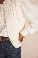 BIXENTE CREAM CABLE-KNIT WOOL SLEEVELESS CARDIGAN