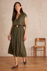 CRYSTAL KHAKI PLEATED SKIRT