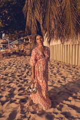 LOUBNA CORAL PRINTED LONG COTTON DRESS