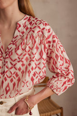 SALLY CORAL PRINTED COTTON BLOUSE