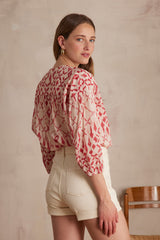 SALLY CORAL PRINTED COTTON BLOUSE