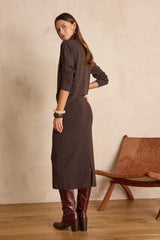 CHARLOTTE DARK BROWN STRAIGHT WOOL SKIRT