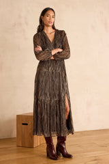 REVEUSE COPPER LONG IRIDESCENT DRESS