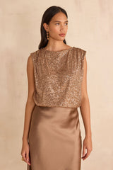 FELICITE COPPER SLEEVELESS SEQUIN T-SHIRT
