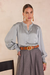 DEESSE CELADON PUFF SLEEVES SATIN BLOUSE