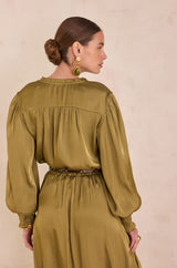 DEESSE SAGE PUFF SLEEVES SATIN BLOUSE