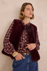 BROOKLYN BURGUNDY FAUX FUR SLEEVELESS JACKET