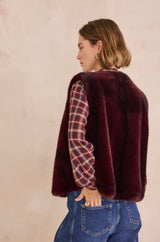 BROOKLYN BURGUNDY FAUX FUR SLEEVELESS JACKET