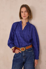 DELICE ROYAL BLUE FLORAL EMBROIDERY COTTON BLOUSE