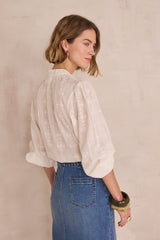 DELICE CREAM FLORAL EMBROIDERY COTTON BLOUSE