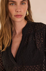 DANIELA BLACK V-NECK EMBROIDERED COTTON BLOUSE