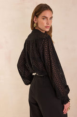DANIELA BLACK V-NECK EMBROIDERED COTTON BLOUSE