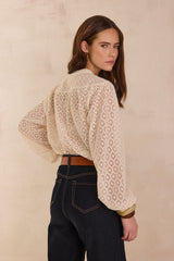 DANIELA CREAM V-NECK EMBROIDERED COTTON BLOUSE