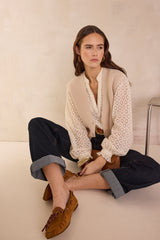 DANIELA CREAM V-NECK EMBROIDERED COTTON BLOUSE