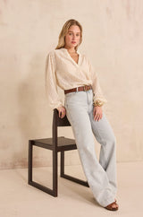 DANIELA CREAM V-NECK EMBROIDERED COTTON BLOUSE