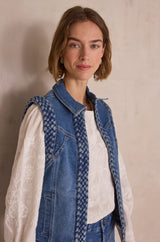 VANESSA SLEEVELESS BRAIDED DENIM JACKET