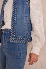 VANESSA SLEEVELESS BRAIDED DENIM JACKET