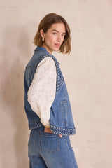 VANESSA SLEEVELESS BRAIDED DENIM JACKET