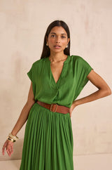 PHANY GREEN SATIN SHORT-SLEEVED TOP