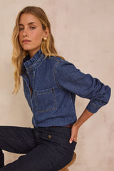 DENISE RUFFLED COLLAR DENIM BLOUSE