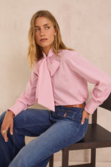 SANDRINE PINK PUSSY BOW STRIPED COTTON BLOUSE