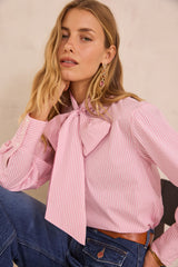 SANDRINE PINK PUSSY BOW STRIPED COTTON BLOUSE