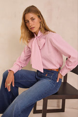 SANDRINE PINK PUSSY BOW STRIPED COTTON BLOUSE