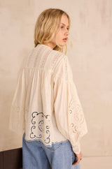 MADELEINE EMBROIDERED LONG-SLEEVE COTTON BLOUSE