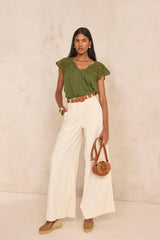 LILOU GREEN EMBROIDERED COTTON TOP