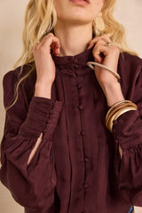 MAY EGGPLANT HIGH-NECK SATIN BLOUSE