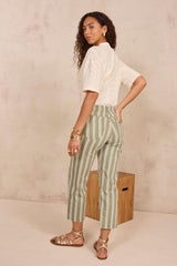 ROSE KAKI STRIPED CROPPED WIDE-LEG TROUSERS