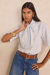 DARINE BOW TIE COLLAR STRIPED COTTON BLOUSE