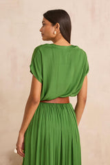 PHANY GREEN SATIN SHORT-SLEEVED TOP