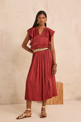 JULIANA BRICK FLUID SATIN LONG SKIRT
