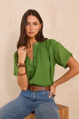 DEVIKA GREEN SHORT SLEEVE COTTON BLEND BLOUSE