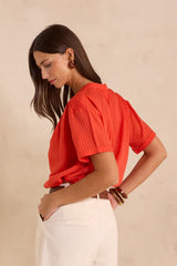 DEVIKA CORAL SHORT SLEEVE COTTON BLEND BLOUSE