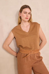 LYNA CARAMEL LINEN BLEND SLEEVELESS T-SHIRT