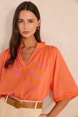 SACHA STRIPED SHORT-SLEEVED COTTON BLOUSE