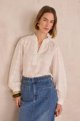 DARCIE ECRU EMBROIDERED COTTON BLOUSE