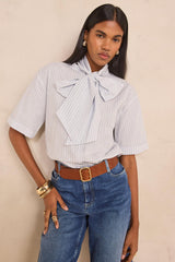 DARINE BOW TIE COLLAR STRIPED COTTON BLOUSE