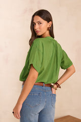 DEVIKA GREEN SHORT SLEEVE COTTON BLEND BLOUSE