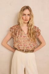 SCARLET SLEEVELESS RUFFLED PRINTED TOP