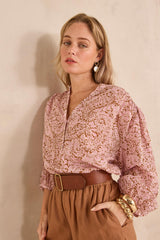 DEVONA LONG-SLEEVE PRINTED COTTON BLOUSE