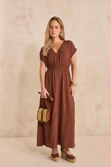 BLOOM CARAMEL STRAIGHT FLUID DRESS
