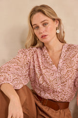 DEVONA LONG-SLEEVE PRINTED COTTON BLOUSE