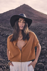 ALMA OCHRE SHORT-SLEEVED COTTON CARDIGAN