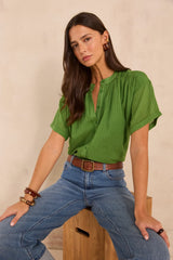DEVIKA GREEN SHORT SLEEVE COTTON BLEND BLOUSE