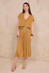 CRYSTAL OCHRE PLEATED MIDI SKIRT