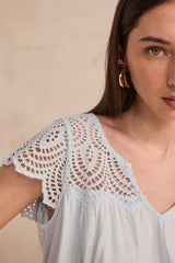 LILOU LIGHT BLUE EMBROIDERED COTTON TOP