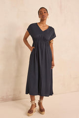 BLOOM NAVY STRAIGHT FLUID DRESS